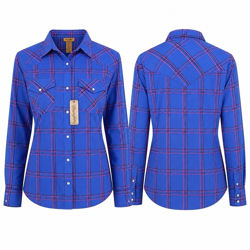 Wrangler Women's Western Snap Shirt XL Blue Pink Plaid Long Sleeve NWT 112335507